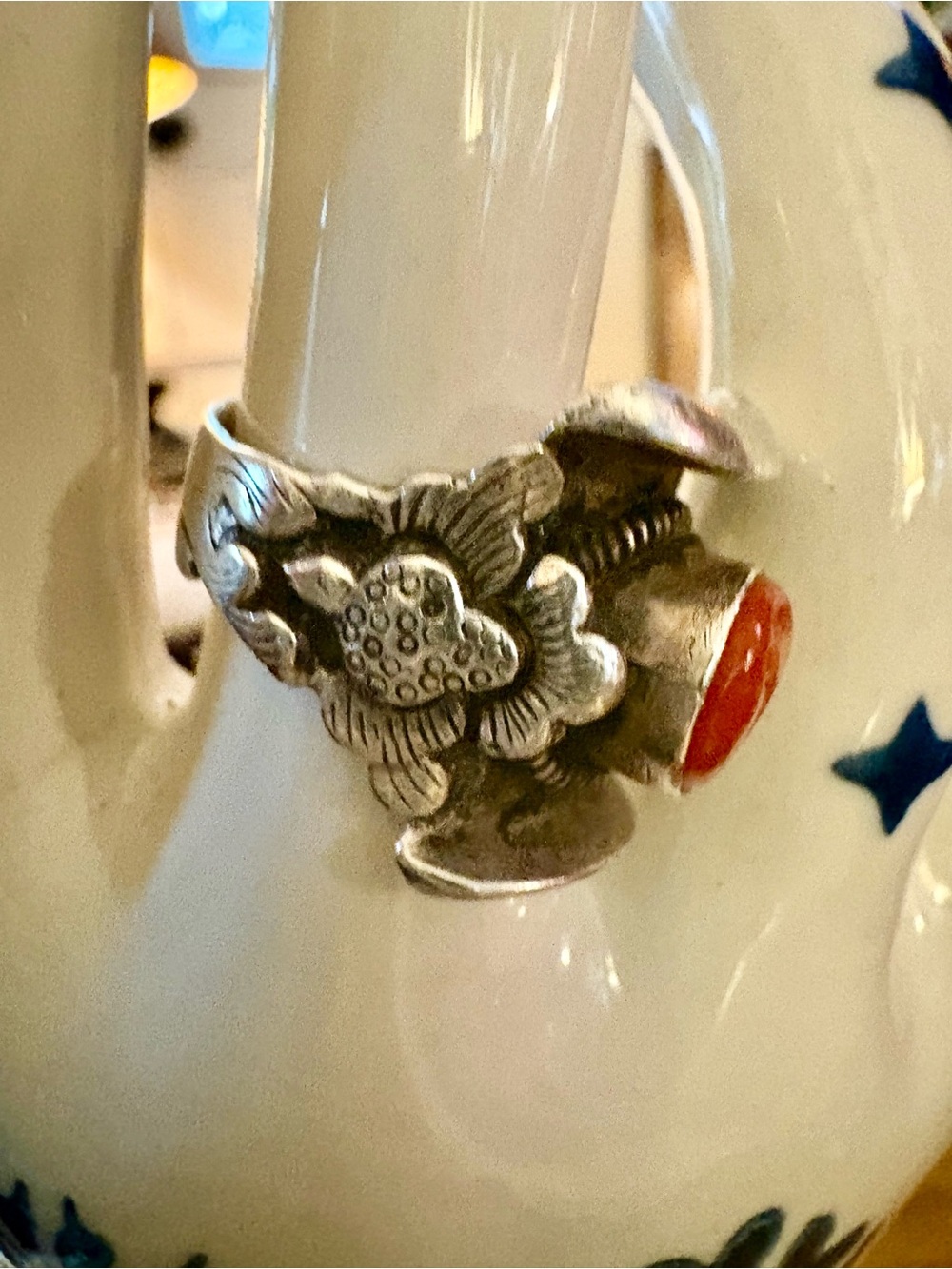 Antique sterling Tibetan saddle ring with coral beautiful detailing